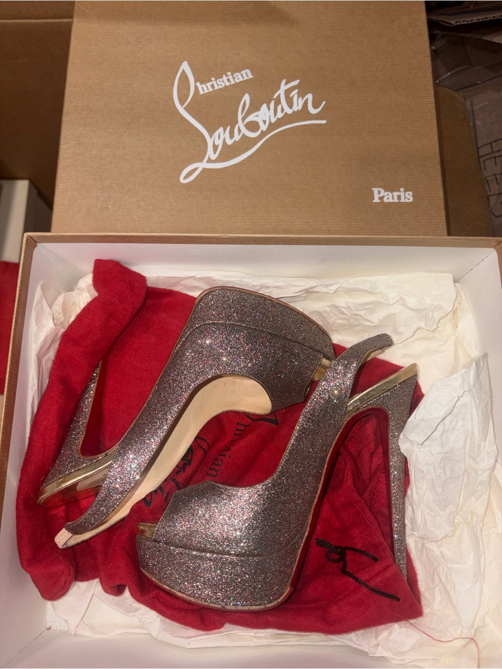 Christian Louboutin Glitter Peep-Toe Platform Slingback Pumps in Sparkling Taupe